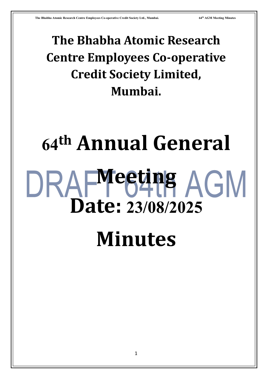 Front page of Draft - Draft English Minute 64th AGM 2024-25 (English)